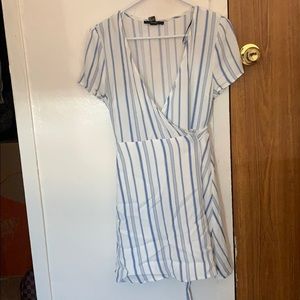 White Blue-Striped Wrap Dress